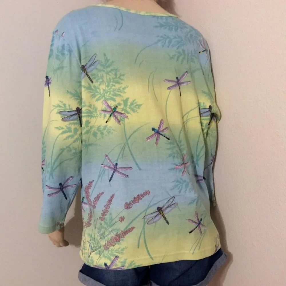 NWOT Dragonfly print 100% cotton top long sleeves pastels sequins Women Size XL - Picture 4 of 7